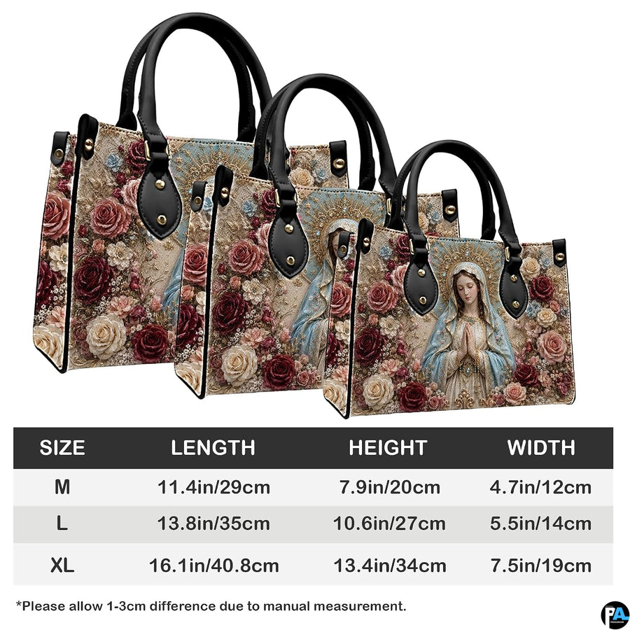 Size chart illustrating dimensional options for the baroque devotional floral handbag