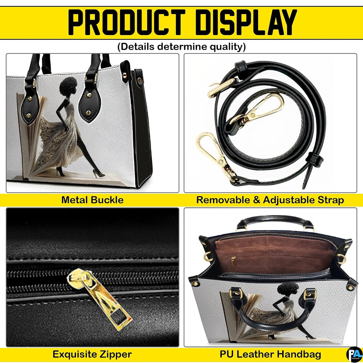 Detail panel for book page fashion handbag with woman silhouette
