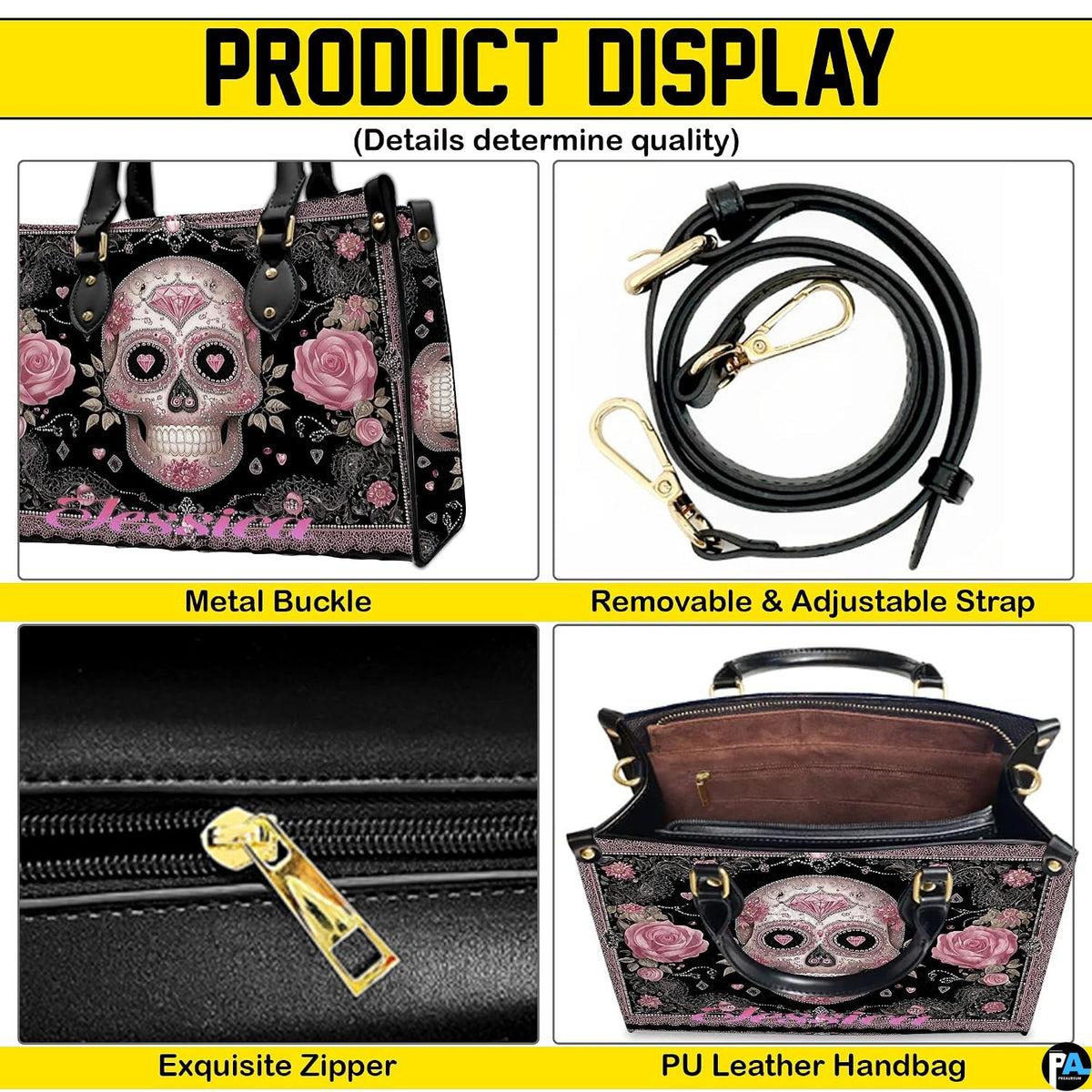 Matching zip wallet featuring the pink sugar skull and gothic rose graphics on black.