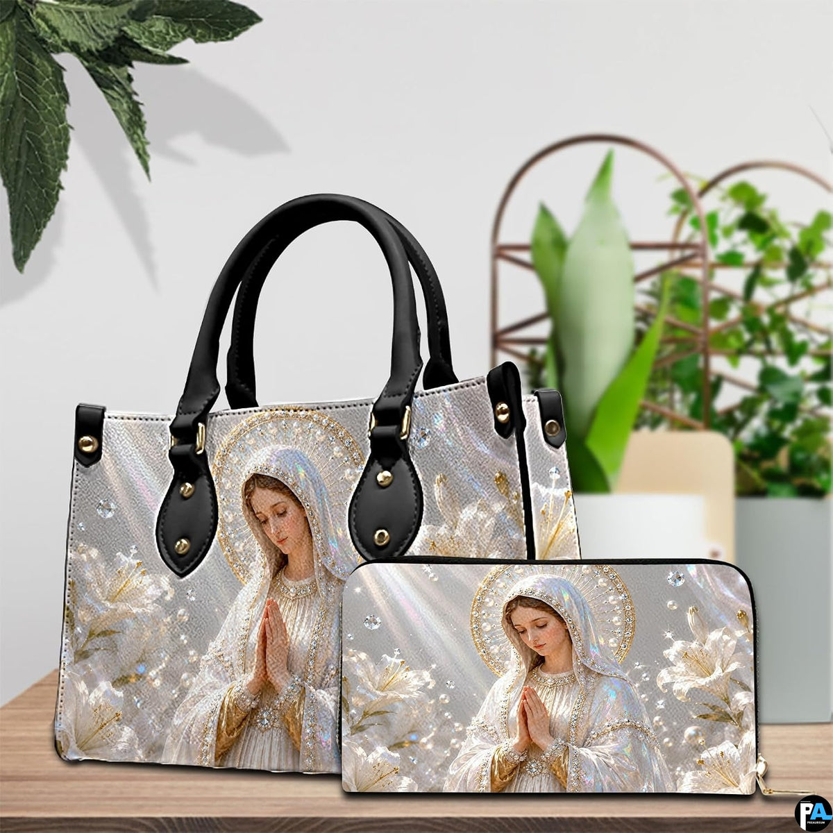 Interior view of pearlescent Madonna handbag showing interior lining and compartment layout