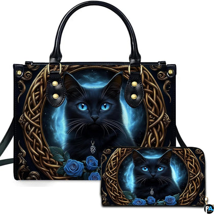 Studio view showing Celtic black cat and blue rose artwork alongside matching companion accessory on white surface.