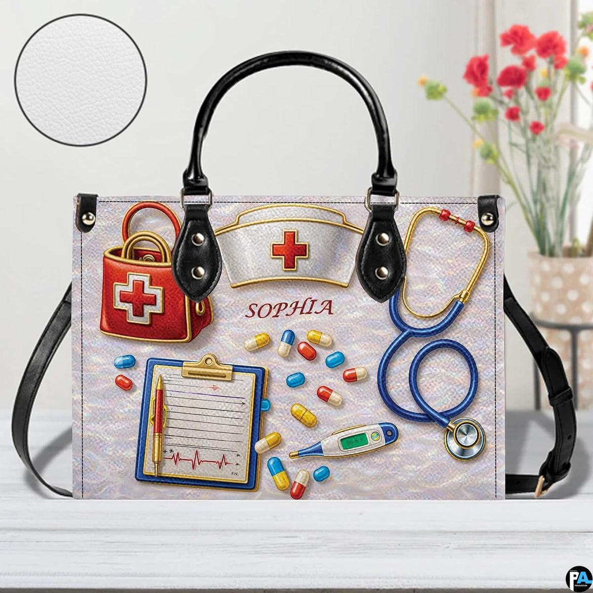 Contextual lifestyle display of the nursing medical handbag in a room setting.