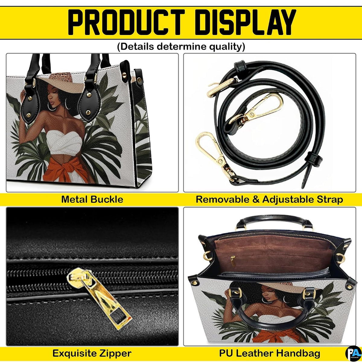 Multi-angle overview featuring the tropical fashion artwork, polished hardware elements, and interior viewing angle.