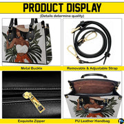Multi-angle overview featuring the tropical fashion artwork, polished hardware elements, and interior viewing angle.