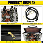 Multi-angle overview featuring the tropical fashion artwork, polished hardware elements, and interior viewing angle.