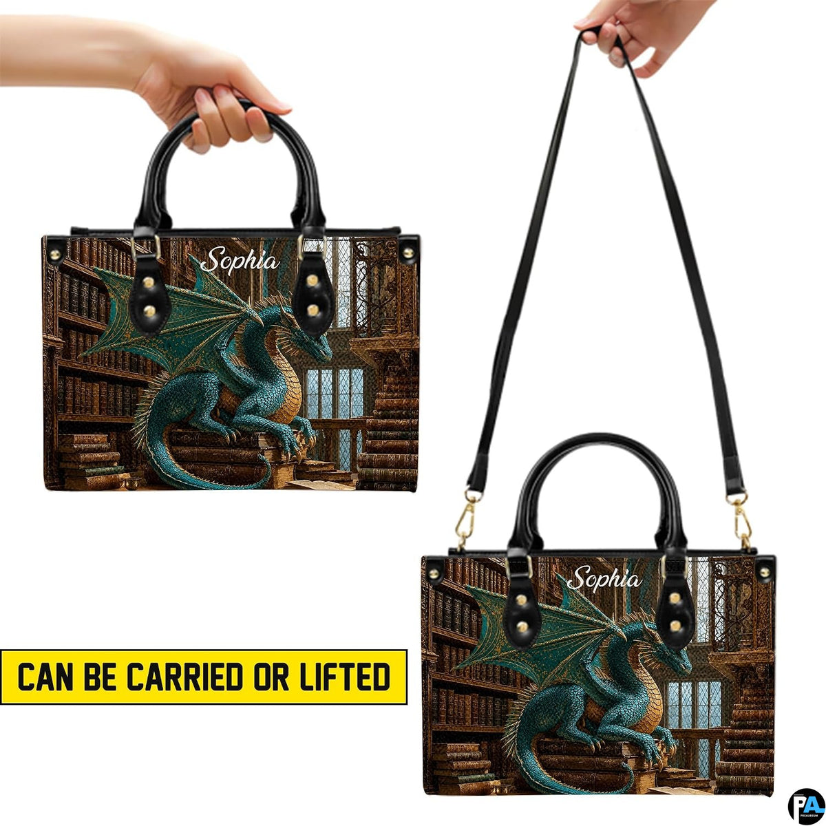 Bottom view of guardian dragon handbag showing protective gold base hardware