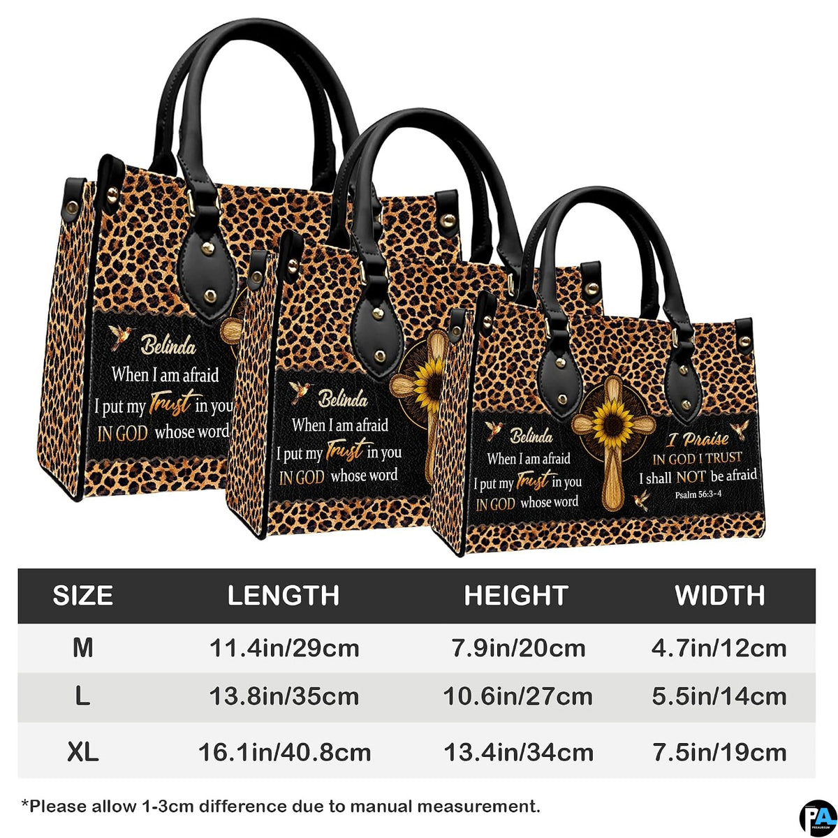 Dimensions diagram displaying sizing specifications for leopard cross handbag and matching wallet.