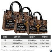 Dimensions diagram displaying sizing specifications for leopard cross handbag and matching wallet.