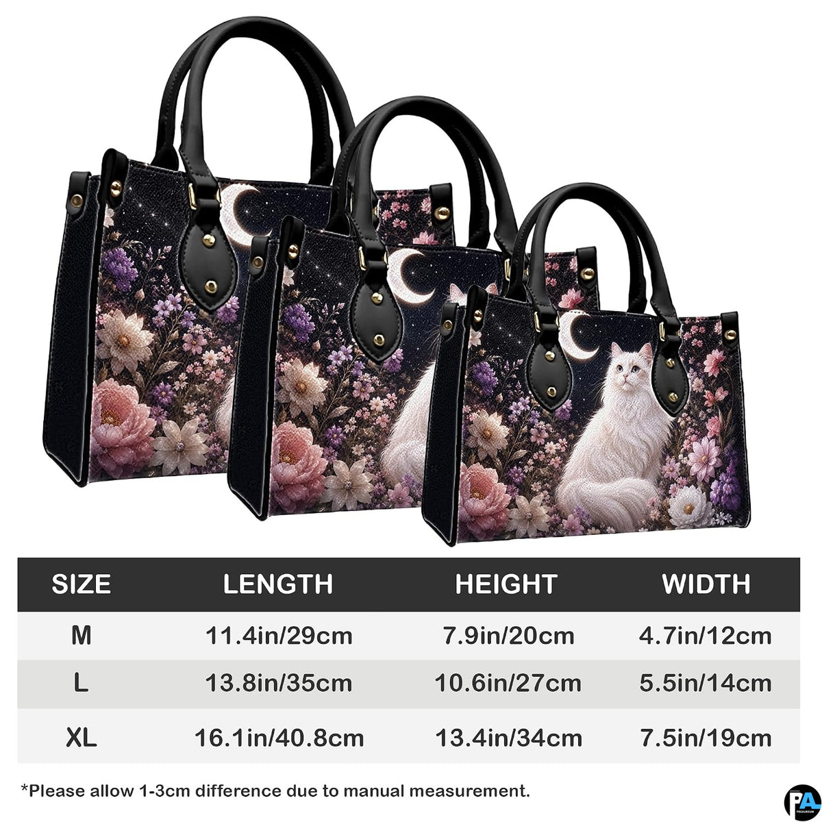 Comparative scaling graphic showing three proportional dimensions for the feline artwork.