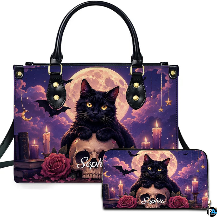 Black Cat Leather Bag – Vintage Cat Art Handbag, Stylish Animal-Themed Purse, Unique Gift for Cat Lovers