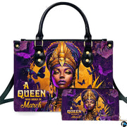 Front view of regal African queen handbag and matching wallet set with golden crown artwork