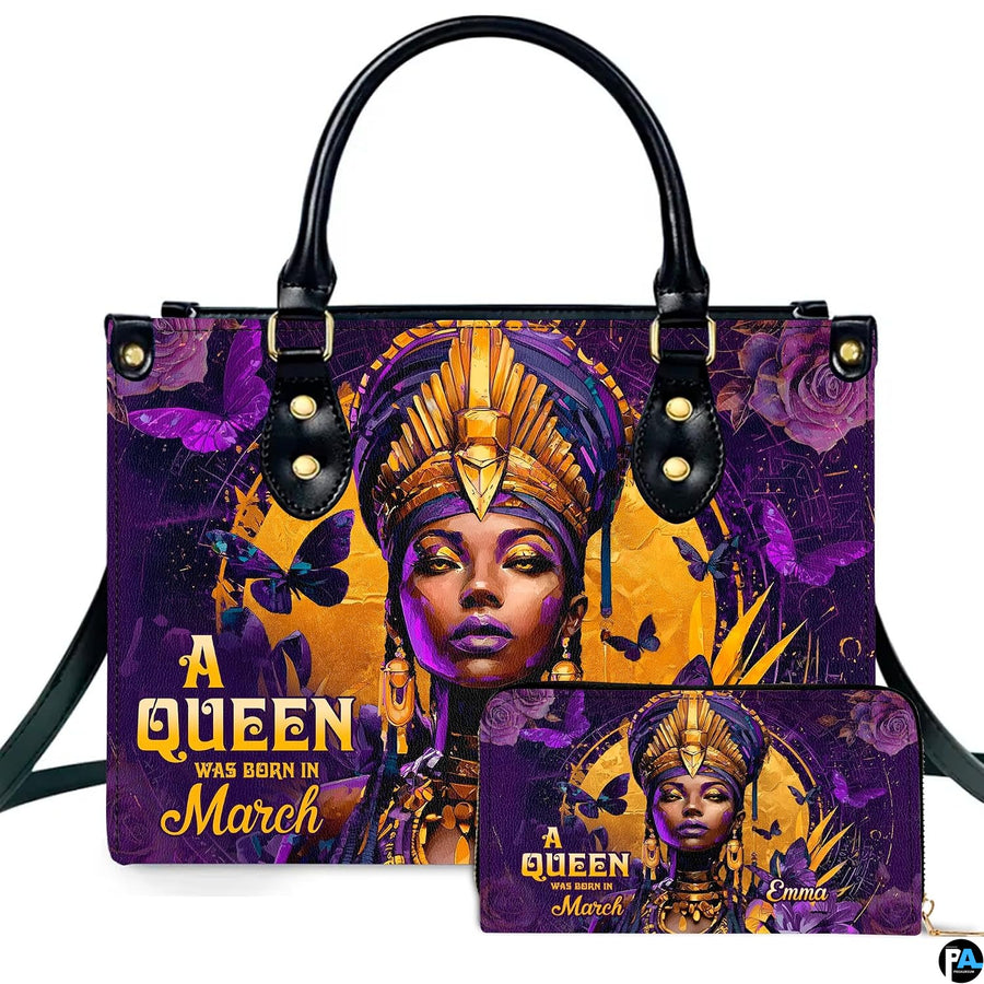 Front view of regal African queen handbag and matching wallet set with golden crown artwork