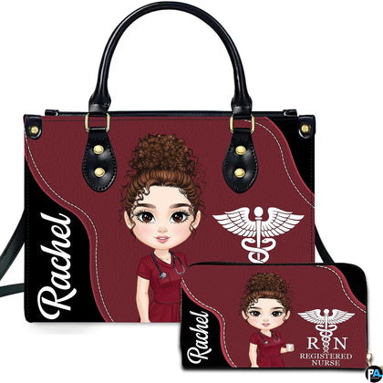 Medical symbol art showing illustrated clinician and winged caduceus across burgundy panels.