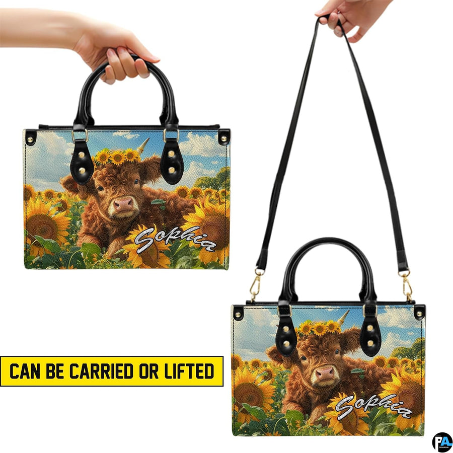 Dual styling presentation displaying the sunflower calf artwork in handheld and shoulder configurations.