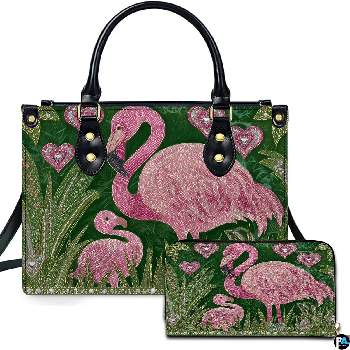 Emerald tropical flamingo handbag and matching wallet set featuring mother and chick flamingos.