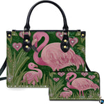 Emerald tropical flamingo handbag and matching wallet set featuring mother and chick flamingos.