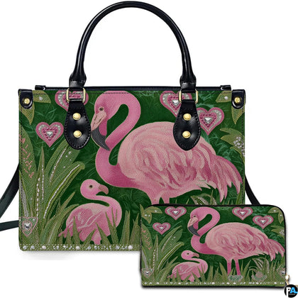 Emerald tropical flamingo handbag and matching wallet set featuring mother and chick flamingos.