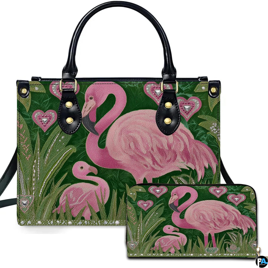 Emerald tropical flamingo handbag and matching wallet set featuring mother and chick flamingos.