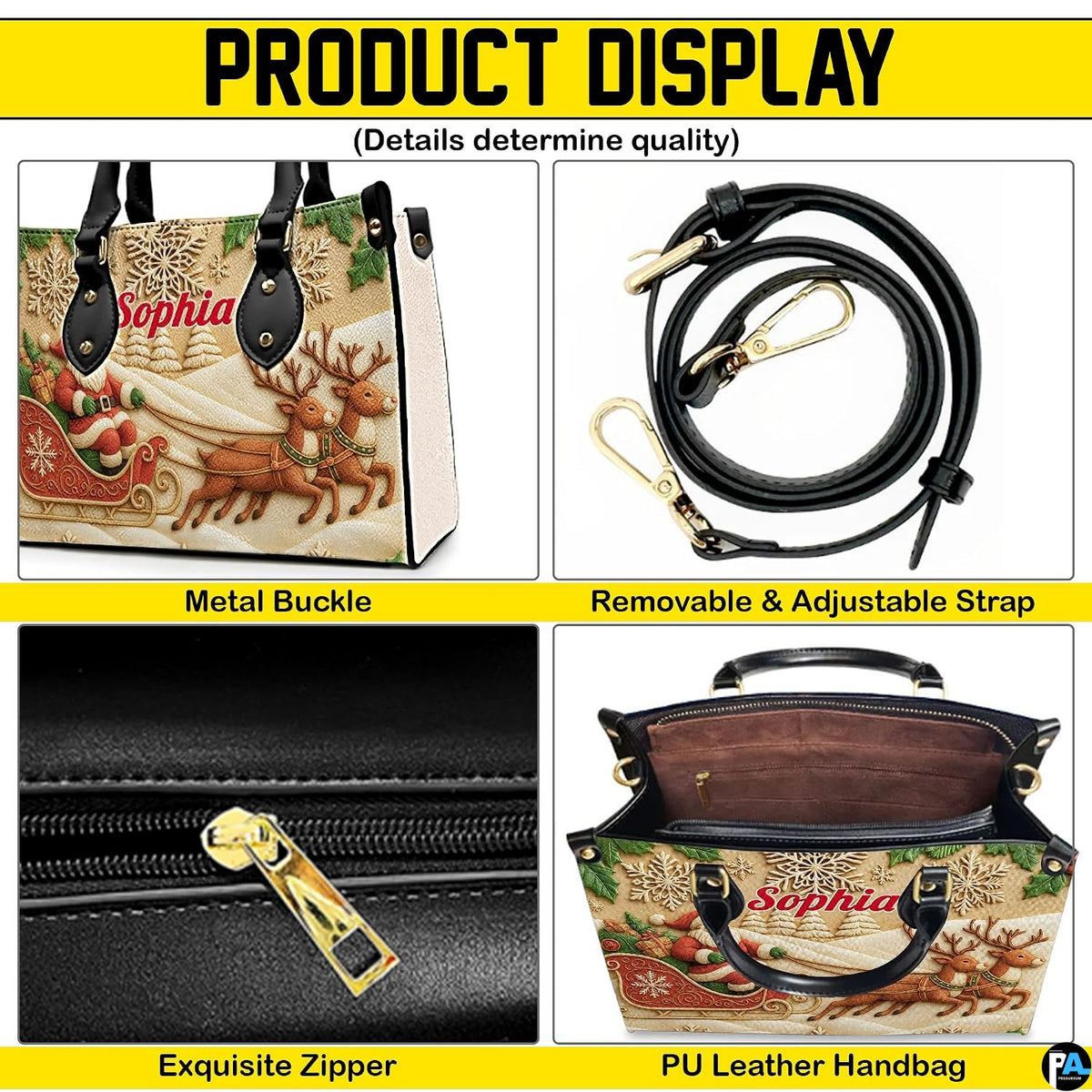 Product feature view showing buckle hardware, shoulder strap, zipper closure, and lined interior