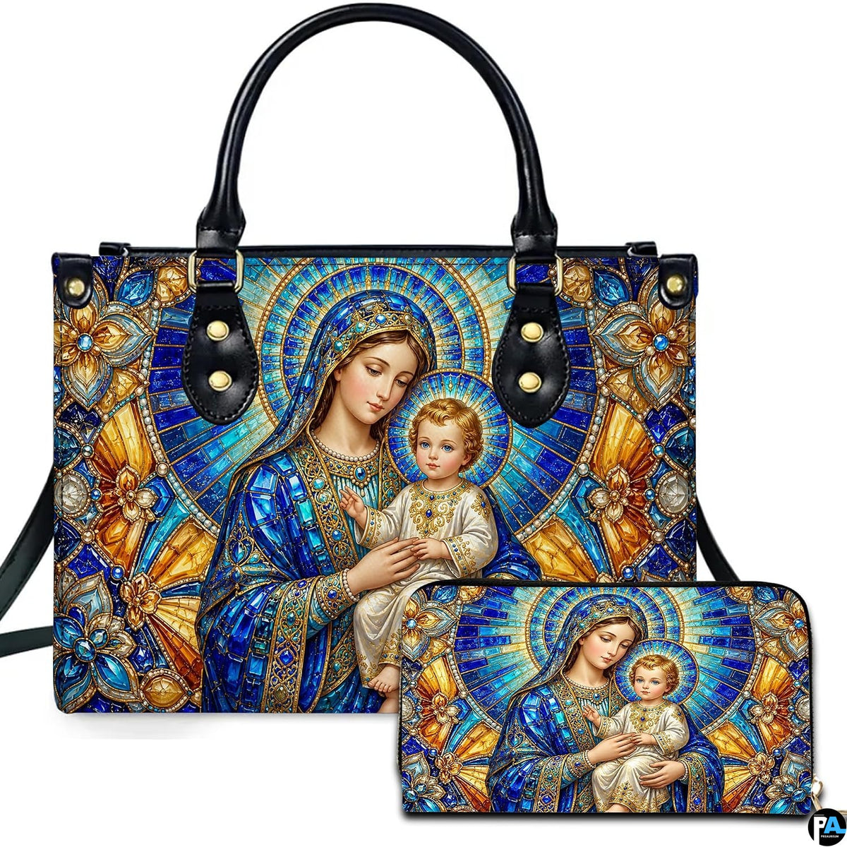 Front view of stained glass Madonna and Child handbag and matching wallet set in vibrant cobalt and gold