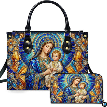 Front view of stained glass Madonna and Child handbag and matching wallet set in vibrant cobalt and gold