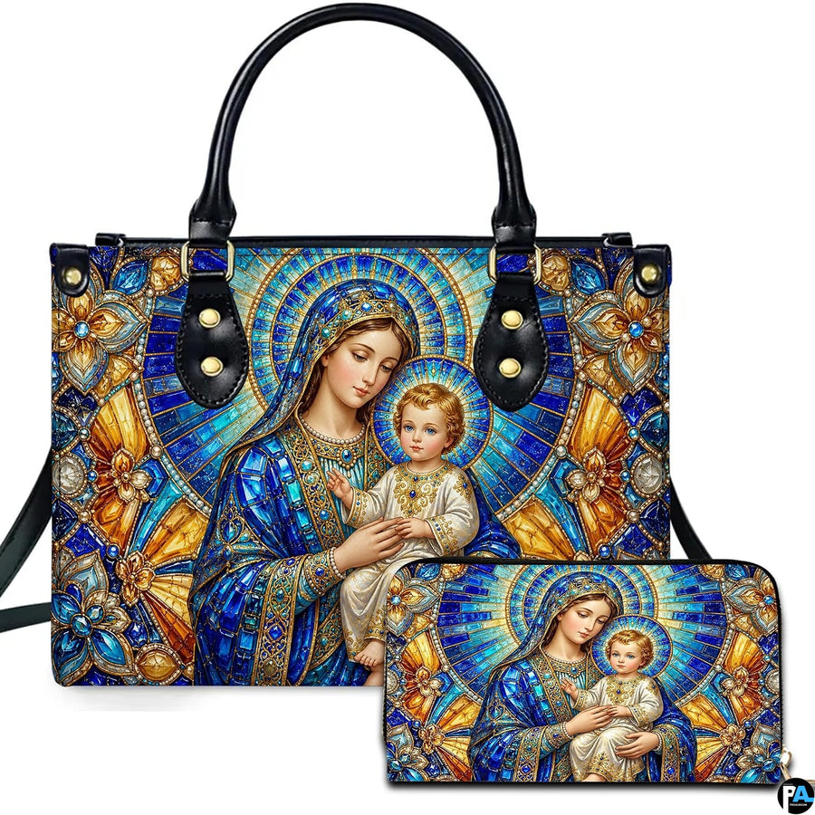 Front view of stained glass Madonna and Child handbag and matching wallet set in vibrant cobalt and gold