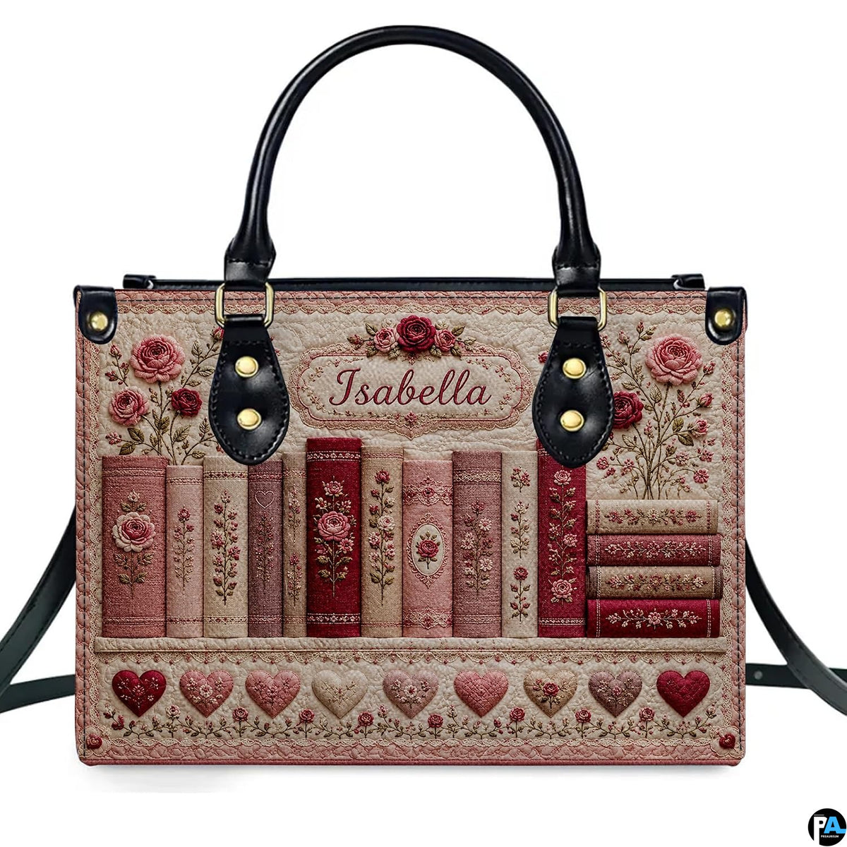 Matching zippered wallet showing coordinated quilted book spines and embroidered rose motifs.