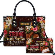 Front view of tropical bouquet woman art featuring woman figure holding exotic florals on shimmering bronze ground.