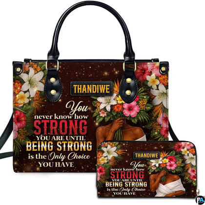 Front view of tropical bouquet woman art featuring woman figure holding exotic florals on shimmering bronze ground.