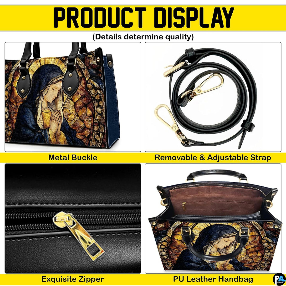 Collage showing front stained glass artwork, strap, zipper, and interior view of the handbag