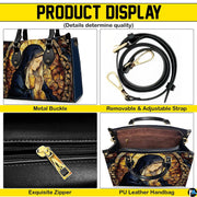 Collage showing front stained glass artwork, strap, zipper, and interior view of the handbag