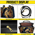 Collage showing front stained glass artwork, strap, zipper, and interior view of the handbag