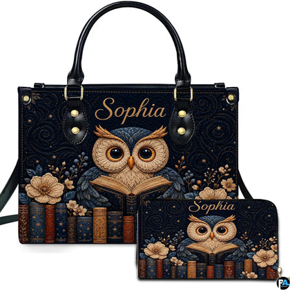 Reading owl seated on antique books with starry midnight navy background on matching handbag and wallet set.