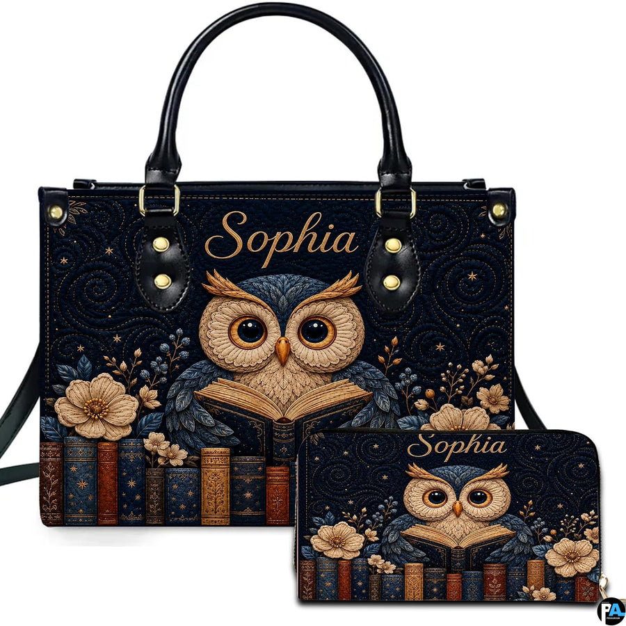 Reading owl seated on antique books with starry midnight navy background on matching handbag and wallet set.