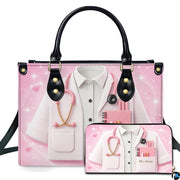 Three quarter view of structured pink doctor handbag showing side and front layout