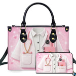 Three quarter view of structured pink doctor handbag showing side and front layout