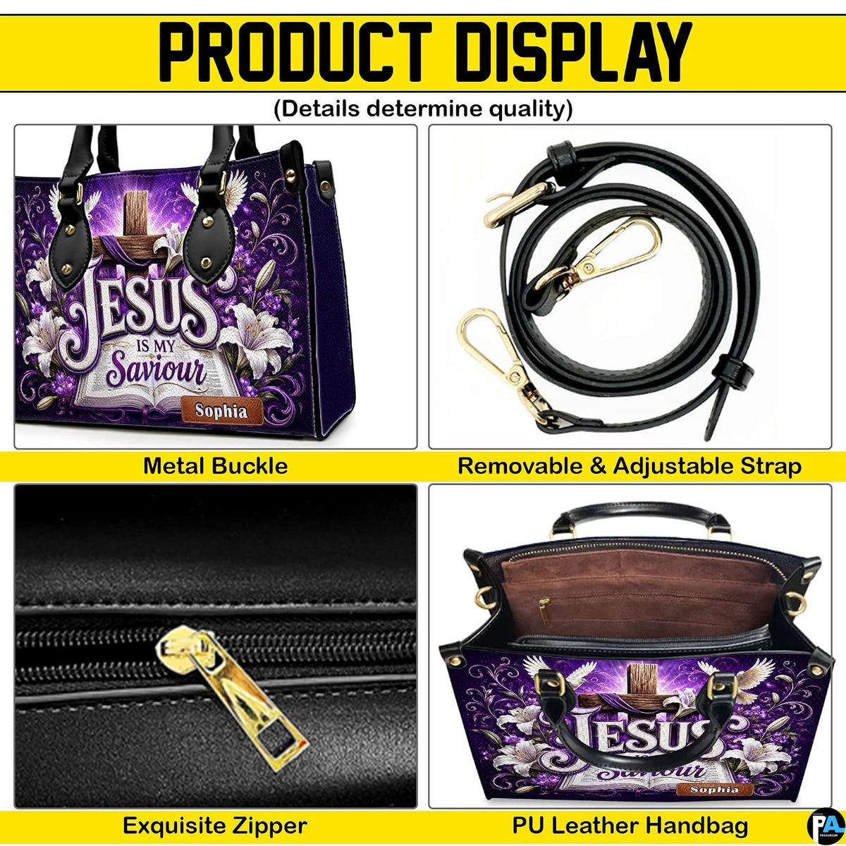 Close up view of hardware fittings, secure closure, and surface texture on the purple cross handbag.