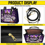 Close up view of hardware fittings, secure closure, and surface texture on the purple cross handbag.