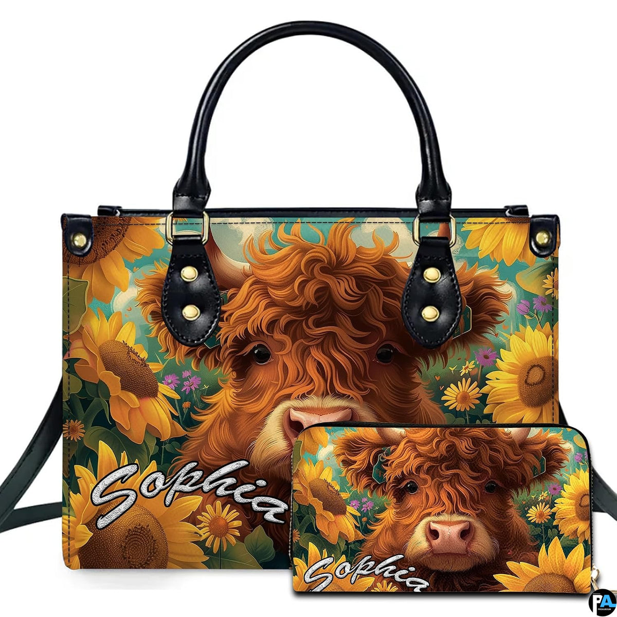 Curly ginger Highland cow calf resting among blooming golden sunflowers under a turquoise sky
