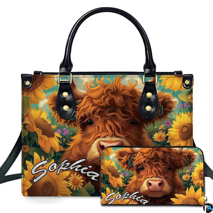 Curly ginger Highland cow calf resting among blooming golden sunflowers under a turquoise sky