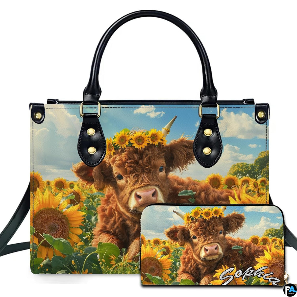 Front studio view of baby Highland calf adorned with a sunflower crown in a sunny country meadow.