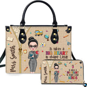 Teacher appreciation accessory set displaying cartoon instructor art and classroom stationery on grid paper