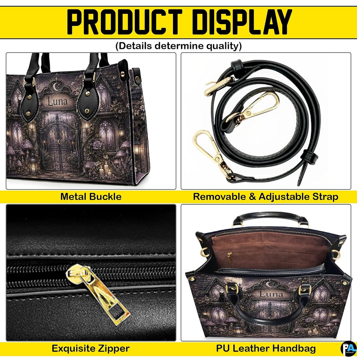 Carrying options panel demonstrating handheld and shoulder styling for the gothic gate art accessory.