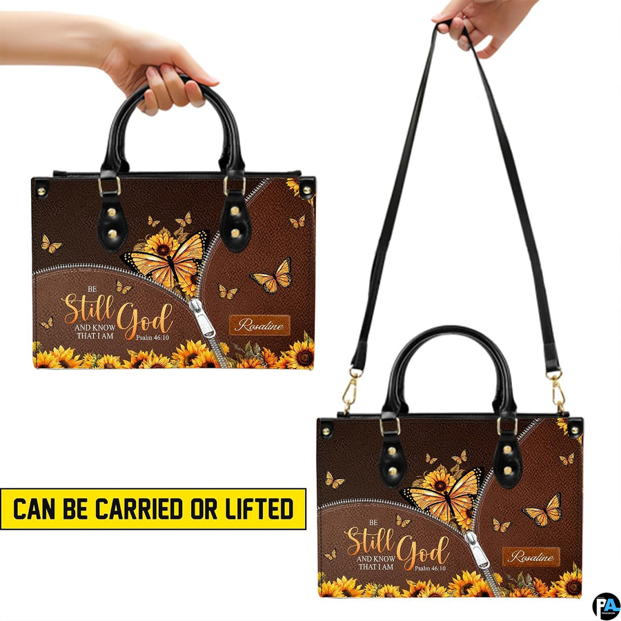 Interior compartment view of devotional handbag displaying inner lining and open storage space.
