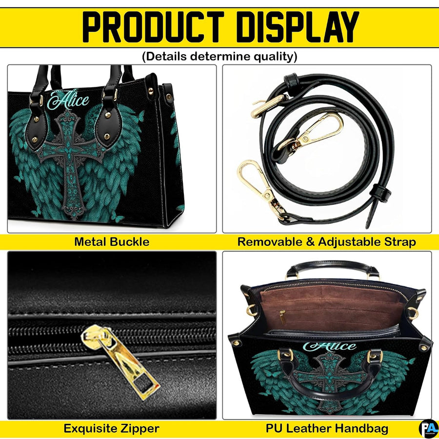 Matching zip wallet displaying coordinated turquoise feathered wings and filigree cross.