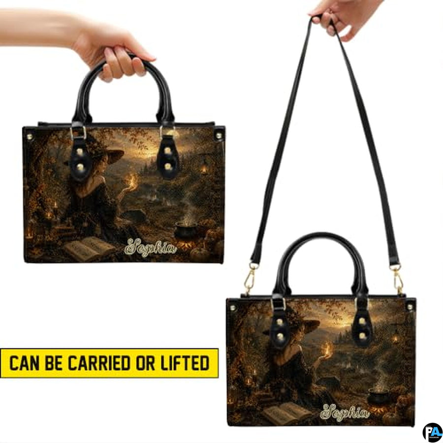 Personalized Witch Handbag with Purse, Custom Name Gothic Leather Bag Set for Women, Halloween Shoulder Bag, Witch Gift