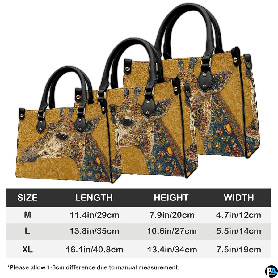 Back view of giraffe handbag displaying continuous golden damask scroll pattern.