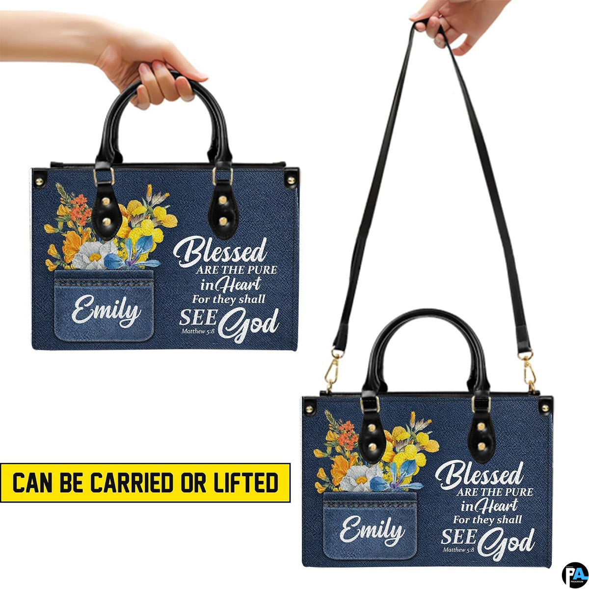 Upper and base perspective view of scripture denim accessory piece