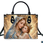 Top view of Madonna and Child handbag displaying top zipper opening and carry handles