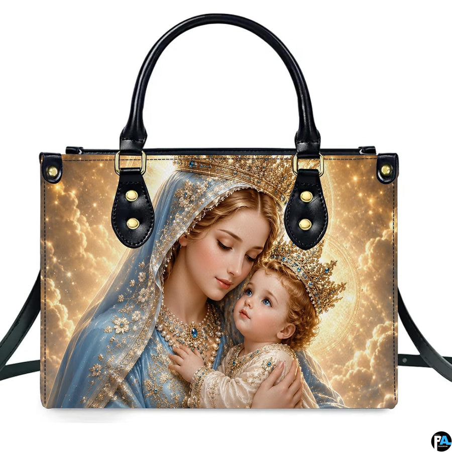 Top view of Madonna and Child handbag displaying top zipper opening and carry handles